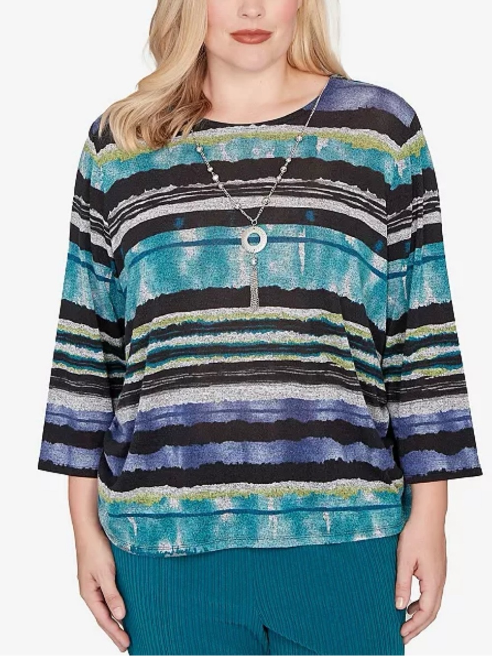 Alfred Dunner Women’s Lake Champlain Biadere Melange Stripe Top with Necklace